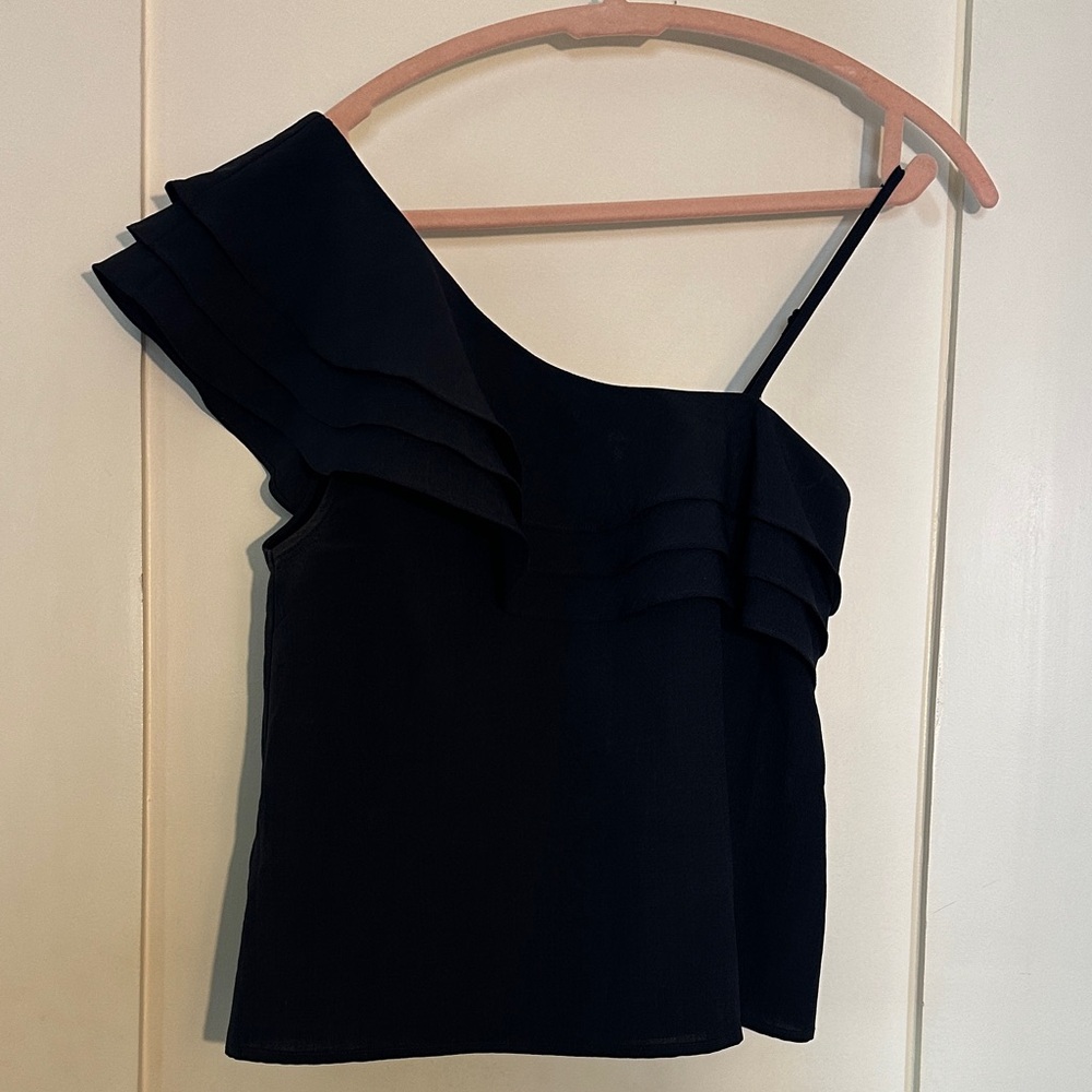 Navy One-Shoulder Ruffle Top